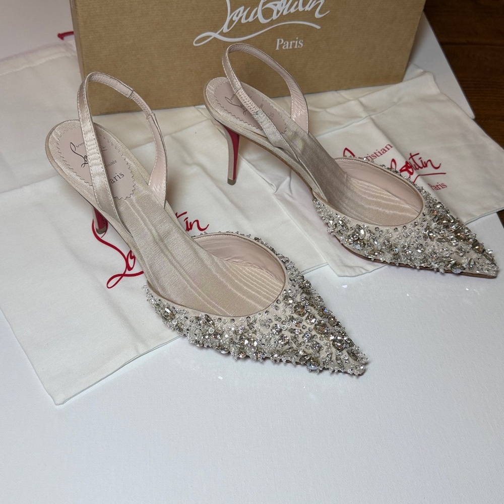 New w tags Christian Louboutin Queenissima Sling 80mm Leche bridal crystals